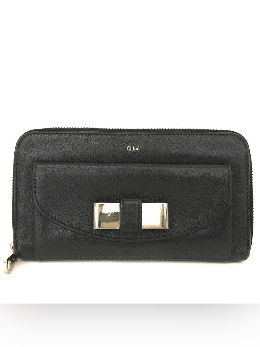 Chloe Lilly Black Calf Leather Long Zippered Wallet Silver Metal Ribbon Detail